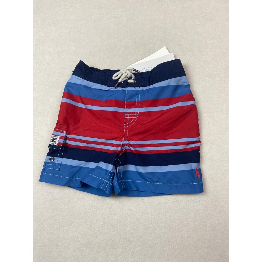 Ralph Lauren Baby Swim Trunks 18M Red Blue Striped Board Shorts‎ NWT Mesh Lined